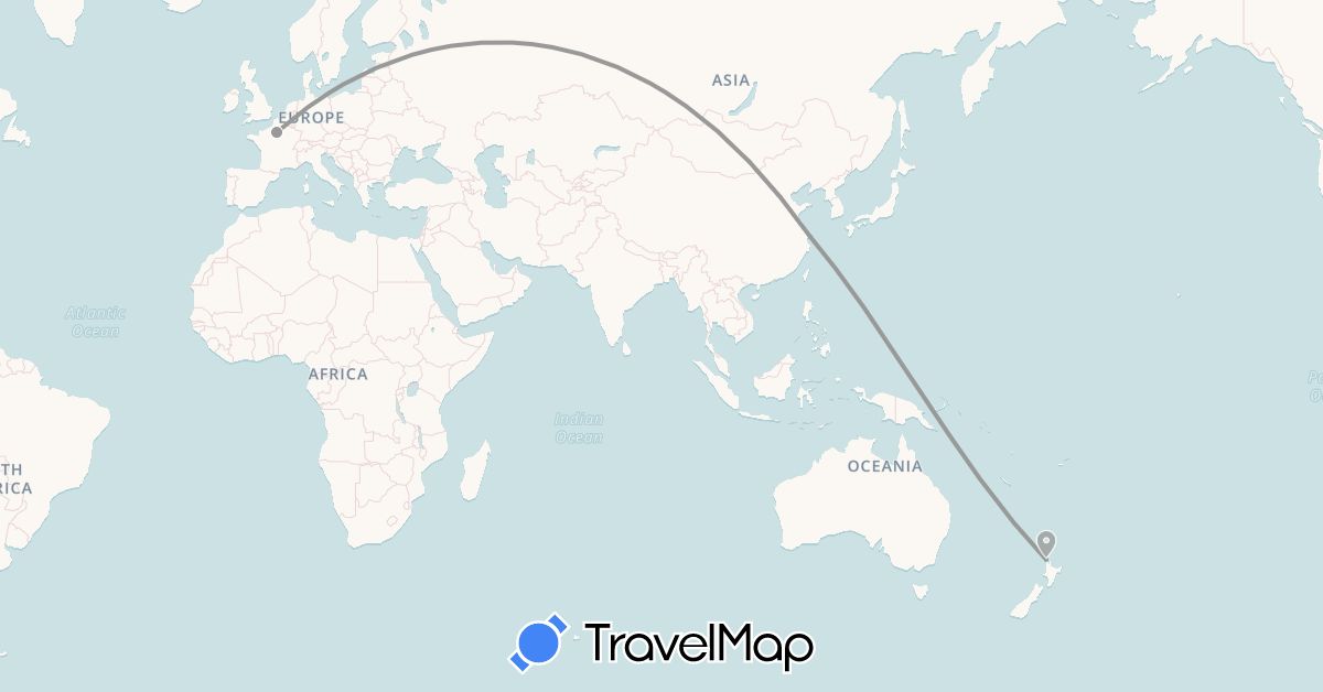 TravelMap itinerary: driving, plane in China, France, New Zealand (Asia, Europe, Oceania)